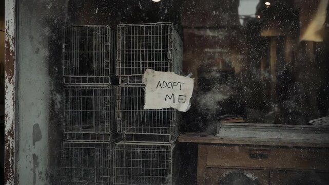 Dusty shop window with empty metal cages inside and a handwritten sign reading adopt me hanging loosely.
