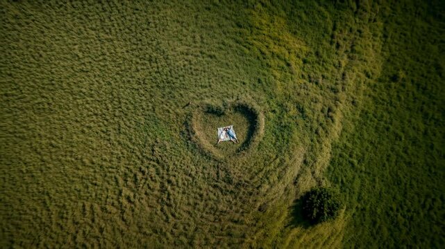 Aerial shot of two people relaxing together in a heart‑shaped clearing cut into tall meadow grass, dreamy lifestyle scene about closeness, peace and romantic symbolism.