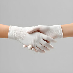 Two hands in medical gloves shaking on neutral background  