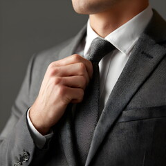  manager’s hands straightening tie, focus on texture of fabric and suit details