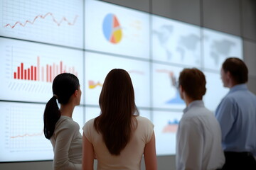 Business team analyzing forecast board, data on large screen in modern office  
