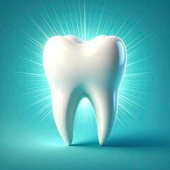 A single, gleaming white molar stands against a radiant turquoise background, highlighting dental health. The tooth is pristine with emanating light
