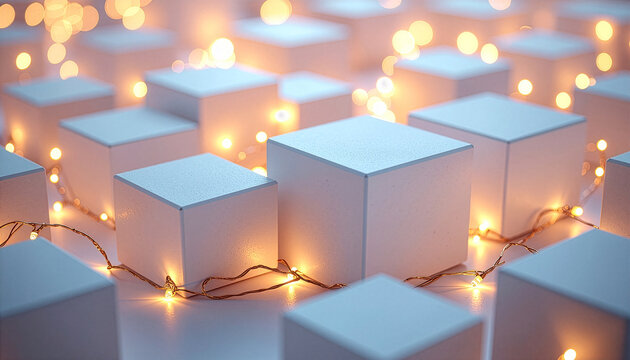 Warm fairy lights glowing among minimalist white cubes