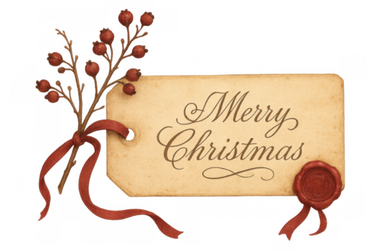Vintage merry christmas gift tag featuring holly berries, red ribbon, and wax seal, transparent background