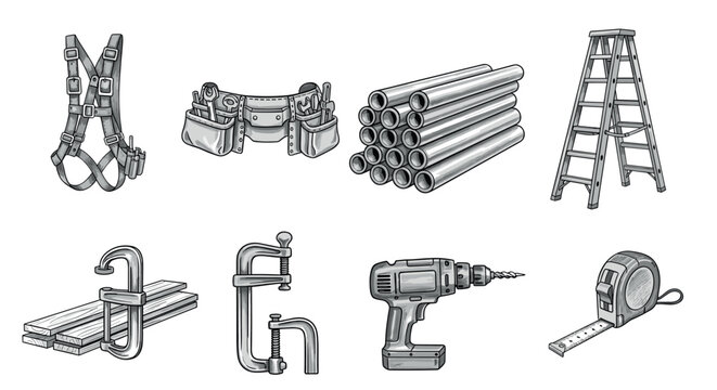 Handdrawn construction tools harness, fasteners, ladder, drill, and more - Powered by Adobe