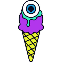 Whimsical Ice Cream Cone With a Cartoon Eyeball Topping in Purple and Teal Colors on a Yellow Waffle Cone