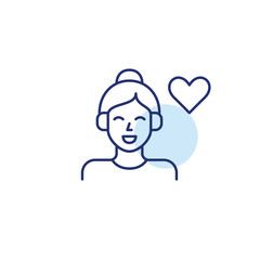 Woman in headphones and heart. Passion for music and podcasts, trusted sound, songs library. Pixel perfect, editable stroke vector icon