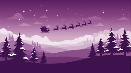 Santa Claus in his sleigh pulled by reindeer flies across a purple winter landscape with snow-covered trees and starry sky.
