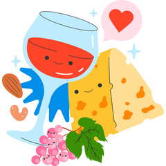 Whimsical Illustration of a Wine Glass Filled with Red Wine Next to a Wedge of Cheese with a Heart Icon and Grapes Adorned with Sparkling Accents