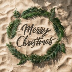 Tropical Palm Leaf Christmas Wreath on Sand – Festive Minimalist Beach Greeting