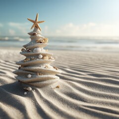 Tropical Beach Christmas Tree Made of Sand with Ocean View – Festive Seaside Simplicity