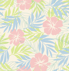 	
Vector seamless pattern Exotic wallpaper of tropical flowers green leaves of palm trees and flowers, hibiscus, artwork for fabrics, souvenirs, packaging, greeting cards	
