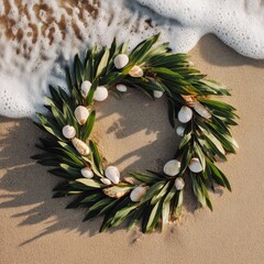 Coastal Christmas Wreath with Shells on Sandy Beach – Natural Tropical Holiday Decoration