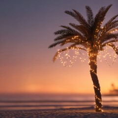 Romantic Pink Sunset Christmas with Light-Wrapped Palm Tree on Tropical Beach