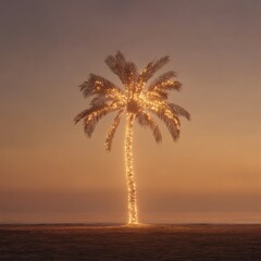 Magical Palm Tree Wrapped in Christmas Lights at Sunset – Minimalist Tropical Holiday Vibe