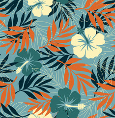 Vector seamless pattern Exotic wallpaper of tropical flowers green leaves of palm trees and flowers, hibiscus, artwork for fabrics, souvenirs, packaging, greeting cards	
