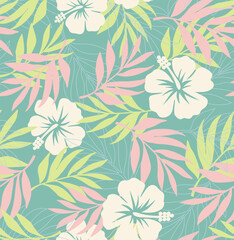 Vector seamless pattern Exotic wallpaper of tropical flowers green leaves of palm trees and flowers, hibiscus, artwork for fabrics, souvenirs, packaging, greeting cards	
