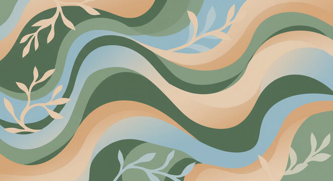 Abstract organic waves background with flowing natural colors and delicate leaf motifs, creating a serene and harmonious design suitable for various creative projects - Powered by Adobe