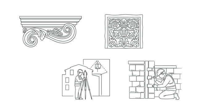 Architectural elements and construction scenes in outline style