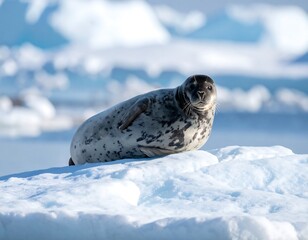 A speckled seal basks on a chunk of icy floe in an Arctic landscape