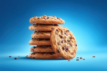 Celebrating National Cookie Day with freshly baked chocolate chip cookies stacked on a bright blue background