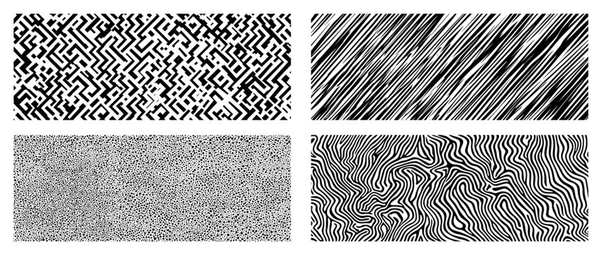 Set of four abstract seamless vector patterns monochrome grunge geometric and organic textures