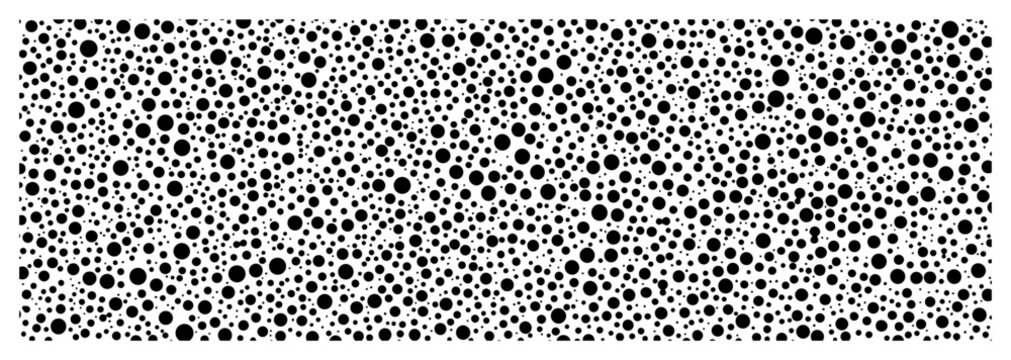 Dense polka dot pattern with random circles seamless black and white vector background