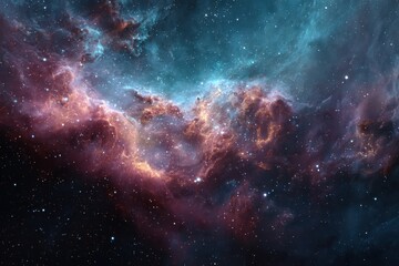 Obraz premium Colorful galactic nebula showcasing vibrant clouds of gas and dust in the universe, with sparkling stars illuminating the dark expanse of space