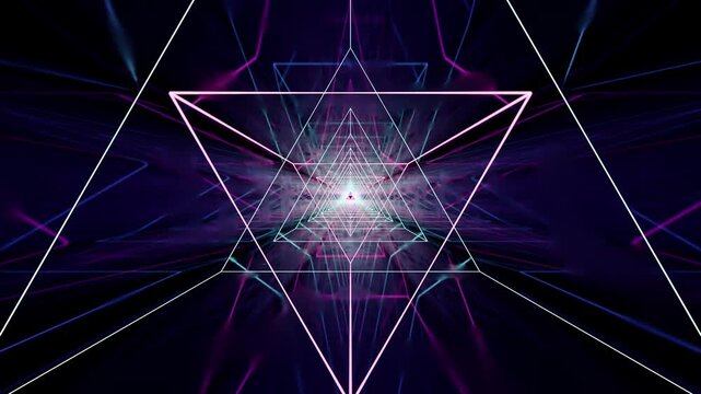 Moving light tunnel made of parallel glowing neon lines, seamless loop animation suitable for music videos, trailers and abstract motion backgrounds