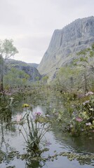 Serene mountainous landscape with vibrant wildflowers and calm creek.