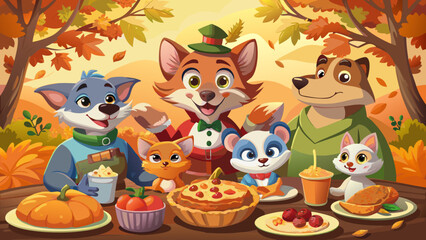 Very beautiful cartoon family of animals celebrating Thanksgiving with food, pies, and decorations, cheerful autumn background with warm colors and smiling faces.
