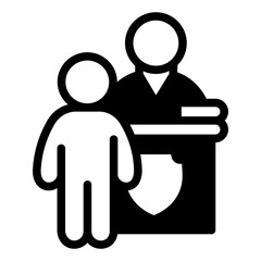 Lawyer and pedestal with judge solid icon, jurisprudence concept. Vector graphics. Judge man and lawyer with court emblem sign on white background, style icon mobile or web design.