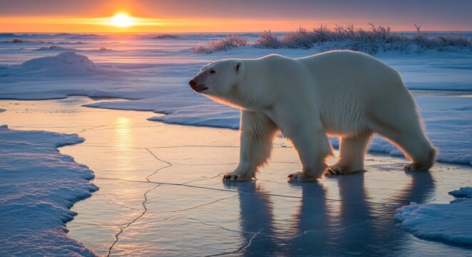 Polar bear walking on ice arctic wildlife sunset climate change photography