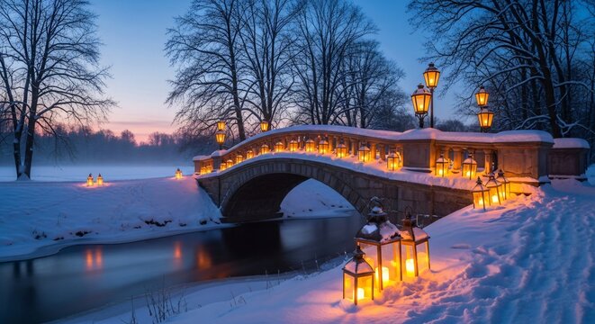 Winter wonderland bridge lanterns snow scene landscape travel destination photo - Powered by Adobe