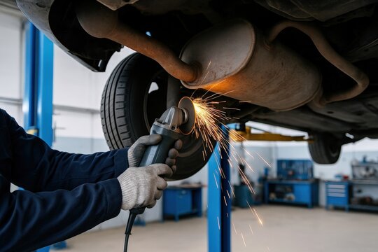 Skilled mechanic precisely grinds a vehicle's exhaust pipe, generating vibrant sparks during essential muffler repair in a modern auto workshop