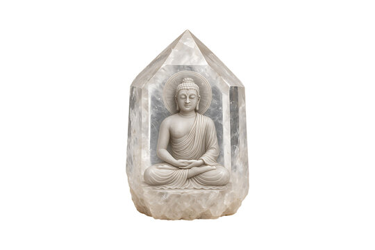 Buddha Statue Encased in Quartz Crystal Isolated on Transparent Background - Powered by Adobe