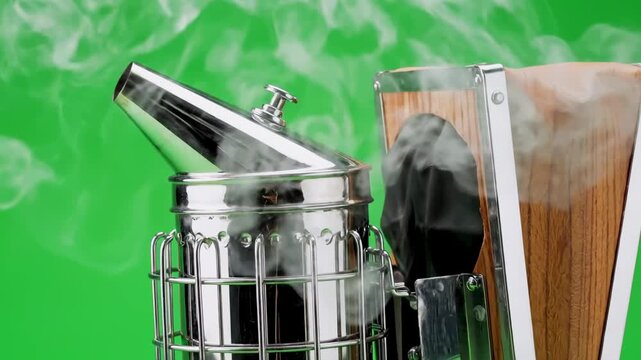 Close-up of a beekeeping smoker emitting smoke with a wooden bellows on a vibrant green backdrop