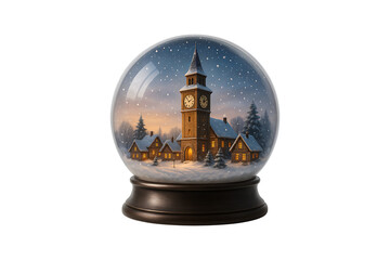 Winter Village Clock Tower Snow Globe Isolated on Transparent Background