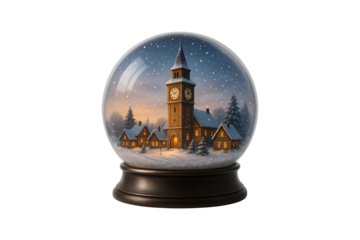 Winter Village Clock Tower Snow Globe Isolated on Transparent Background