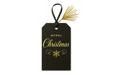 Black and gold gift tag featuring merry christmas typography, snowflake, and decorative elements on transparent background