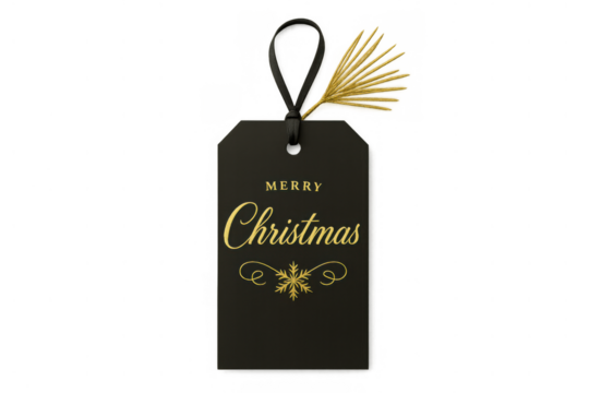Black and gold gift tag featuring merry christmas typography, snowflake, and decorative elements on transparent background