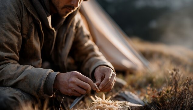 Wilderness camping survivalist carving tinder by tent, focused and calm mood, cinematic shallow depth and golden light style, ideal for adventure travel, bushcraft education, outdoor survival and - Powered by Adobe