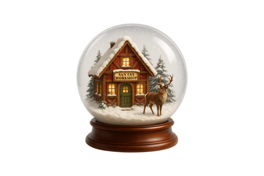 Santa’s Workshop with Reindeer Snow Globe Isolated on Transparent Background - Powered by Adobe