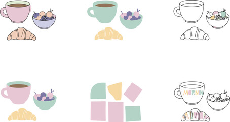 Cozy pastel breakfast illustration set, coffee cup croissant and fruit bowl vector, minimal morning aesthetic flat design