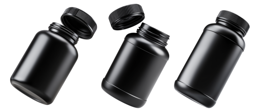 Black plastic pill or supplement container with screw cap on white background, concept of packaging and product branding