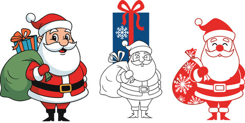 Obraz premium Cute Santa Claus with Christmas gift bag, cartoon and coloring versions, festive holiday vector illustration for Christmas decoration design