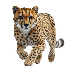 Fototapeta premium A cheetah is captured mid-run, isolated on a white transparent background. The dynamic pose and focused look highlight the true power, speed, and grace of the planet's fastest predator