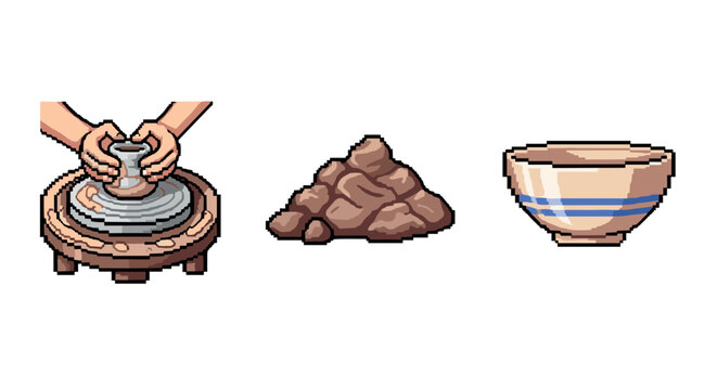 Pixel art pottery process hands crafting clay into a finished bowl - Powered by Adobe