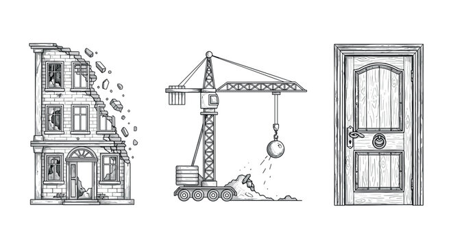 Handdrawn demolition and construction elements with vintage building sketch