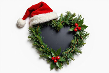 Christmas heart shape wreath with santa hat, winter holly, fir. Traditional romantic symbol for the festive holiday season. Chalkboard on white background.